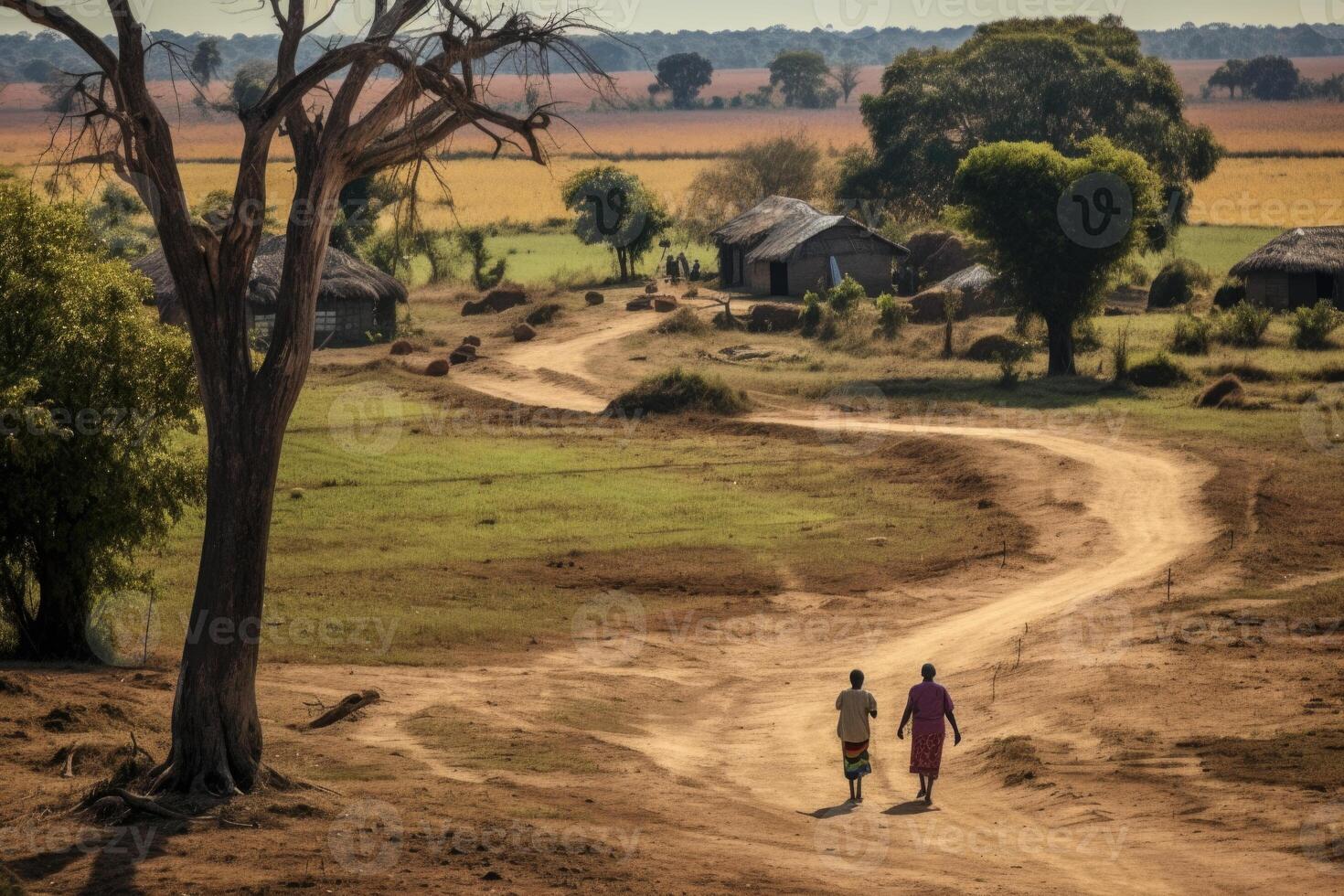 ai genererad ett afrikansk by. människor gående längs de väg i afrika foto