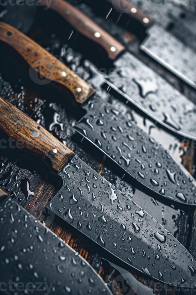 ai genererad svart damascus stål knivar på en trä- styrelse i de regn foto
