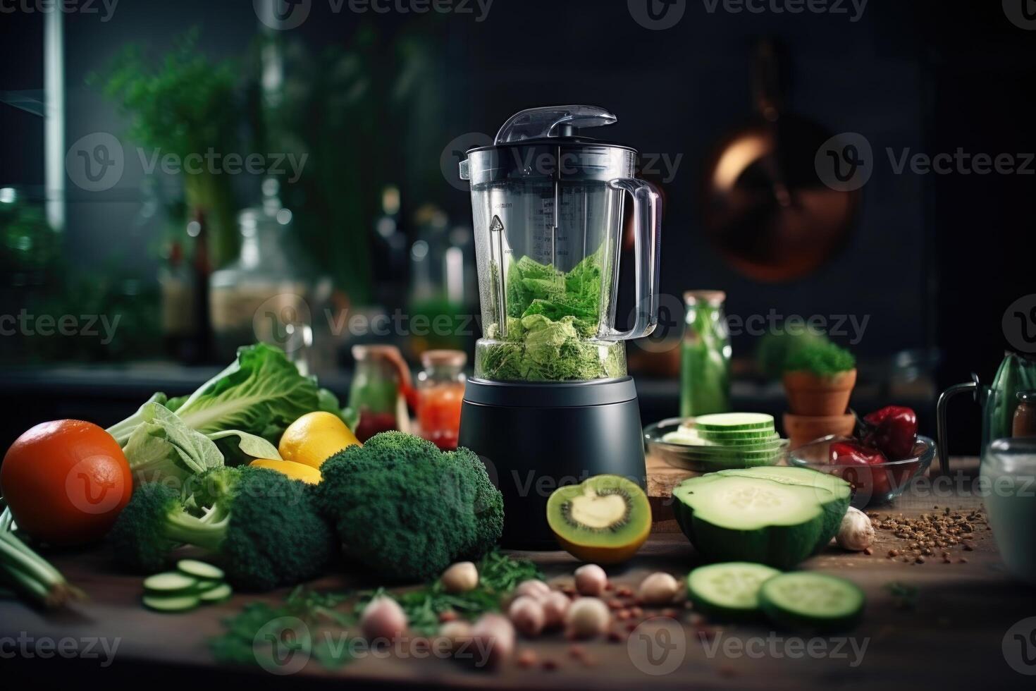 ai genererad utsökt färsk smoothies och en blandare med Ingredienser på de kök tabell. massor av grönsaker och frukt runt om foto