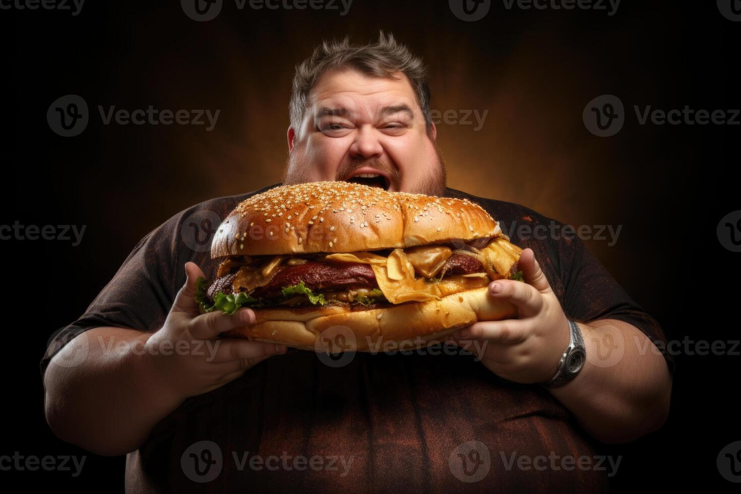 ai genererad en fett man äter en snabb mat burger på en mörk bakgrund. frukost för ett övervikt person vem har förstörd friska mat foto