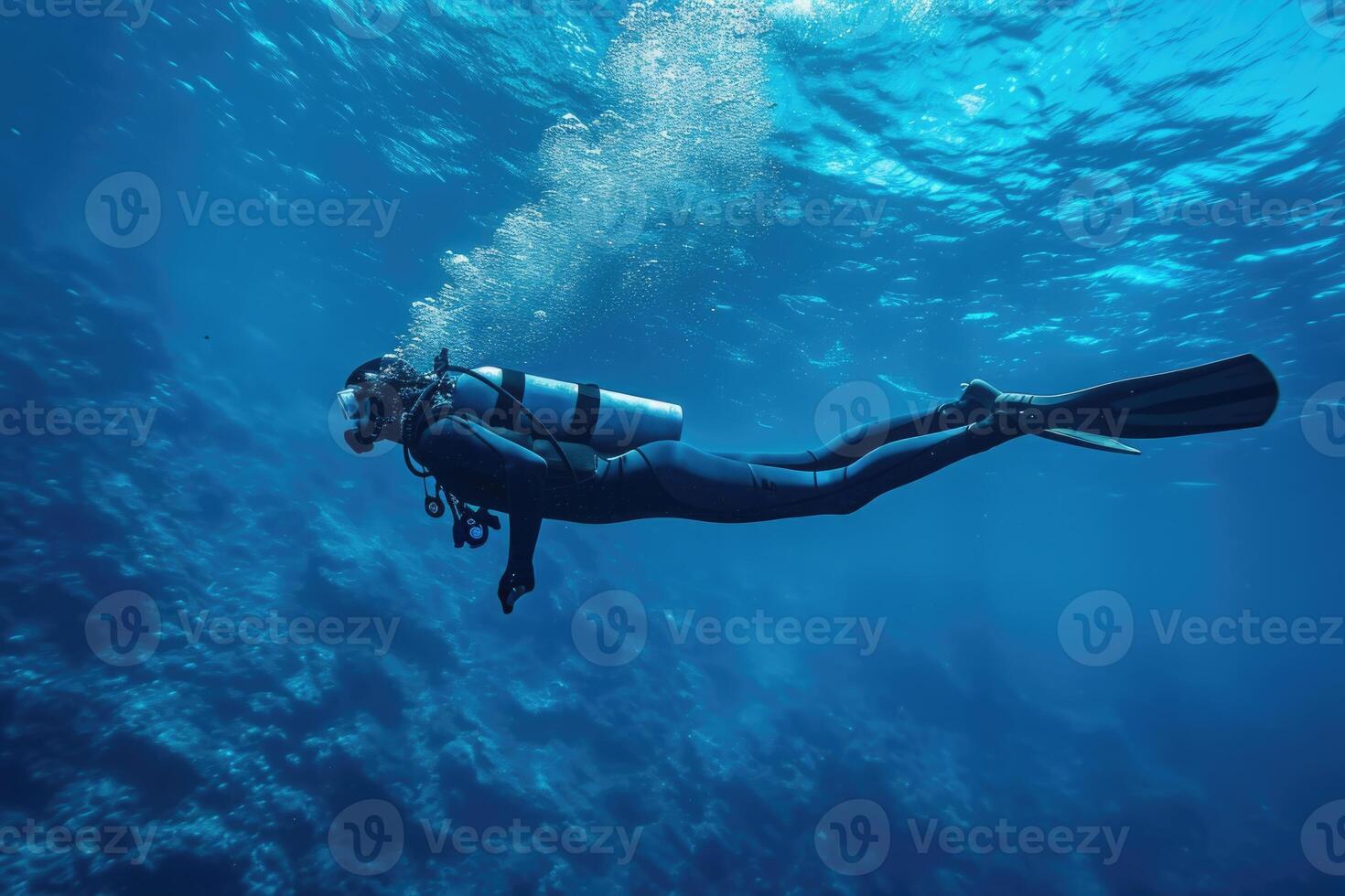 ai genererad en man dykning dykning i de djup blå hav under vattnet foto