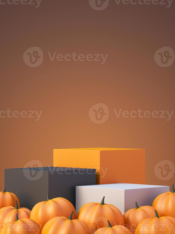 halloween produkt mockup bakgrund med 3d orange produkt podium display och pumpa, 3d render illustration foto