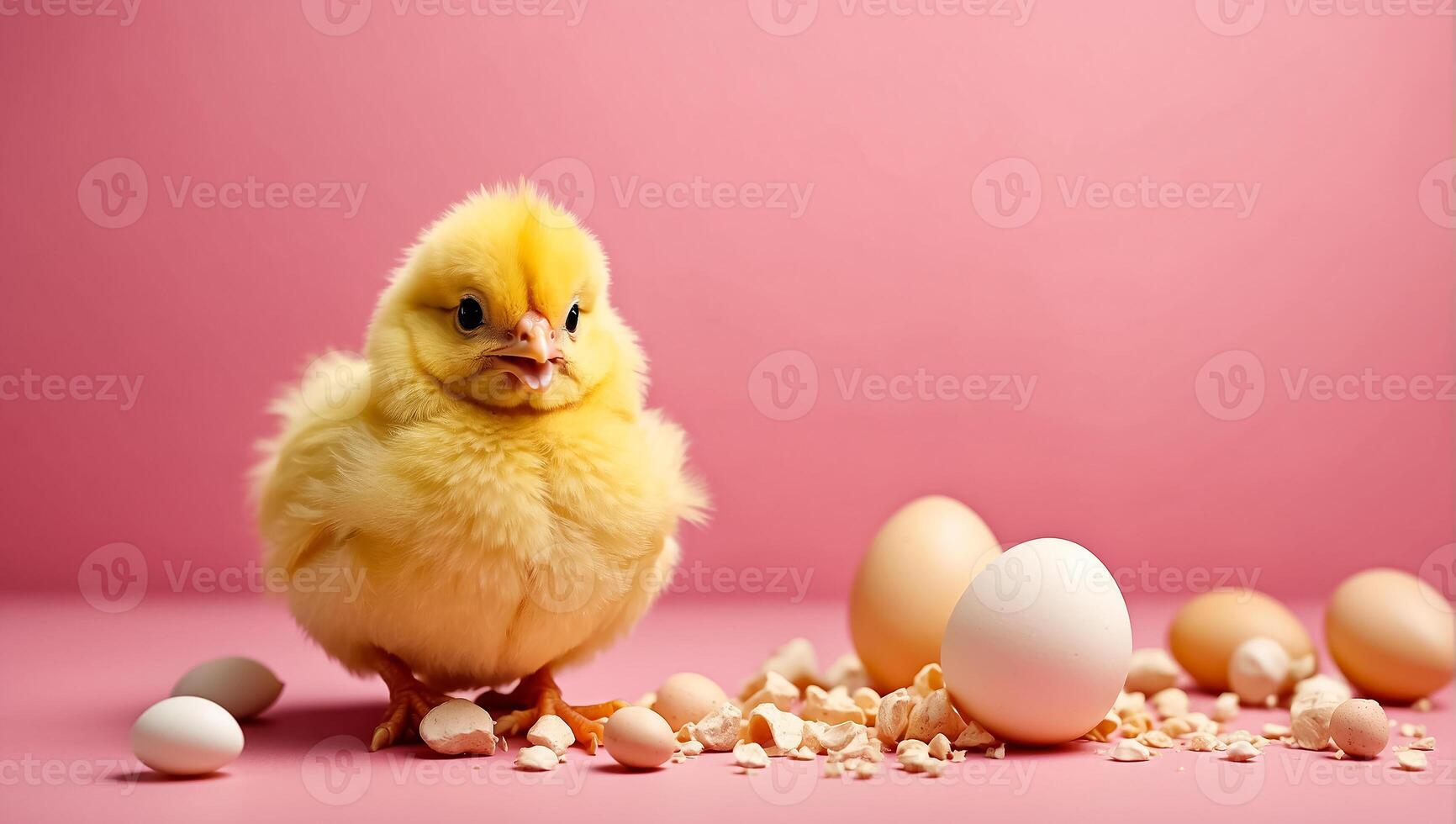 ai genererad söt fluffig skal kyckling på Färg bakgrund foto