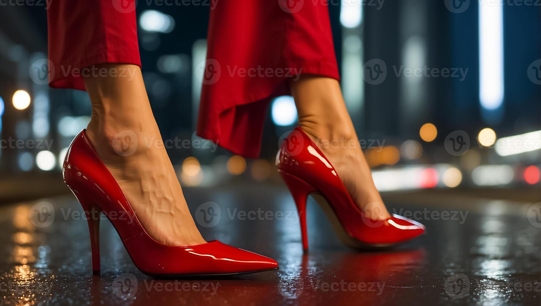 ai genererad kvinna ben i skön röd patent läder stilettos på natt foto