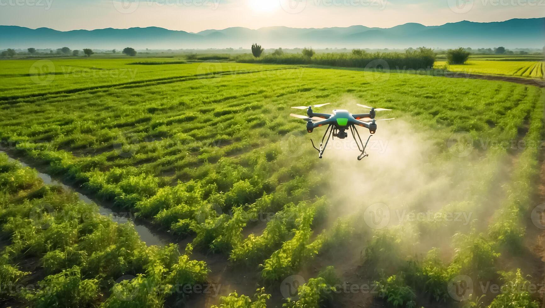 ai genererad Drönare flugor och sprayer grön växter i de sängar foto