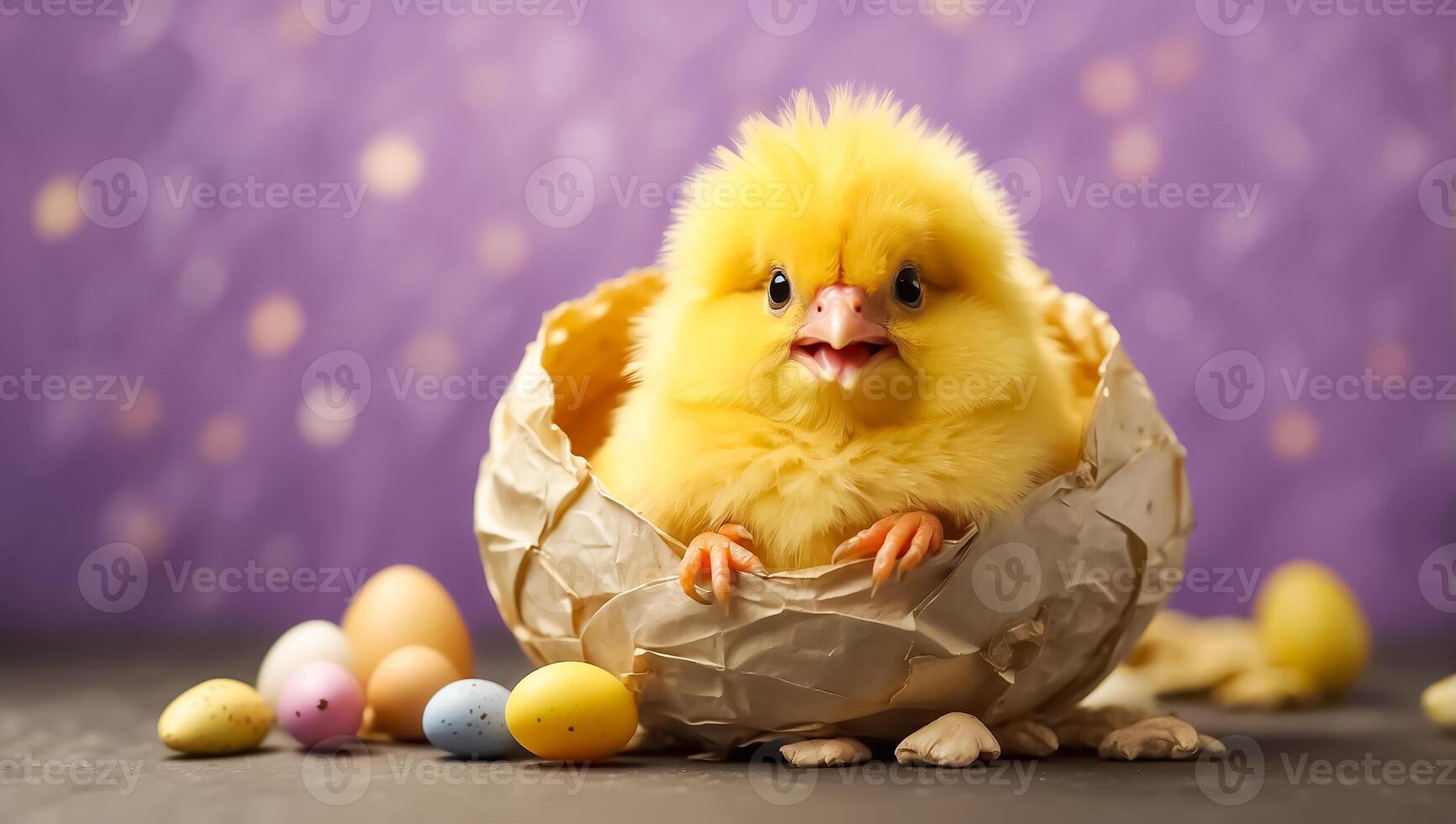 ai genererad söt fluffig skal kyckling på Färg bakgrund foto