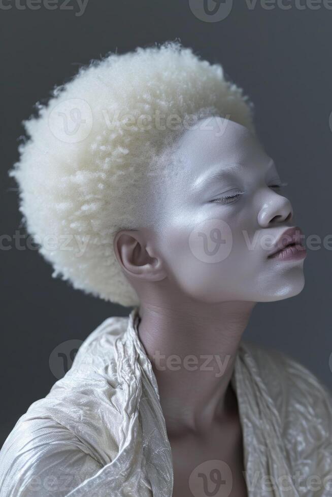 ai genererad porträtt av ett albino afrikansk flicka med vit hår närbild foto