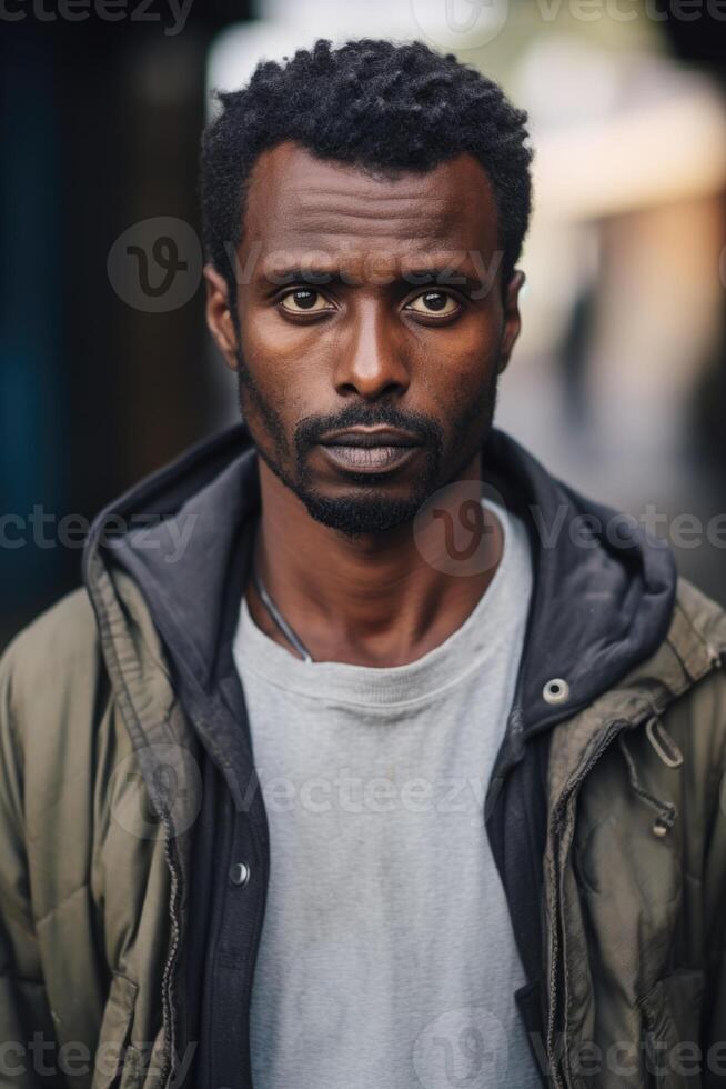 ai genererad porträtt av en allvarlig man av de afrikansk lopp på de gata foto