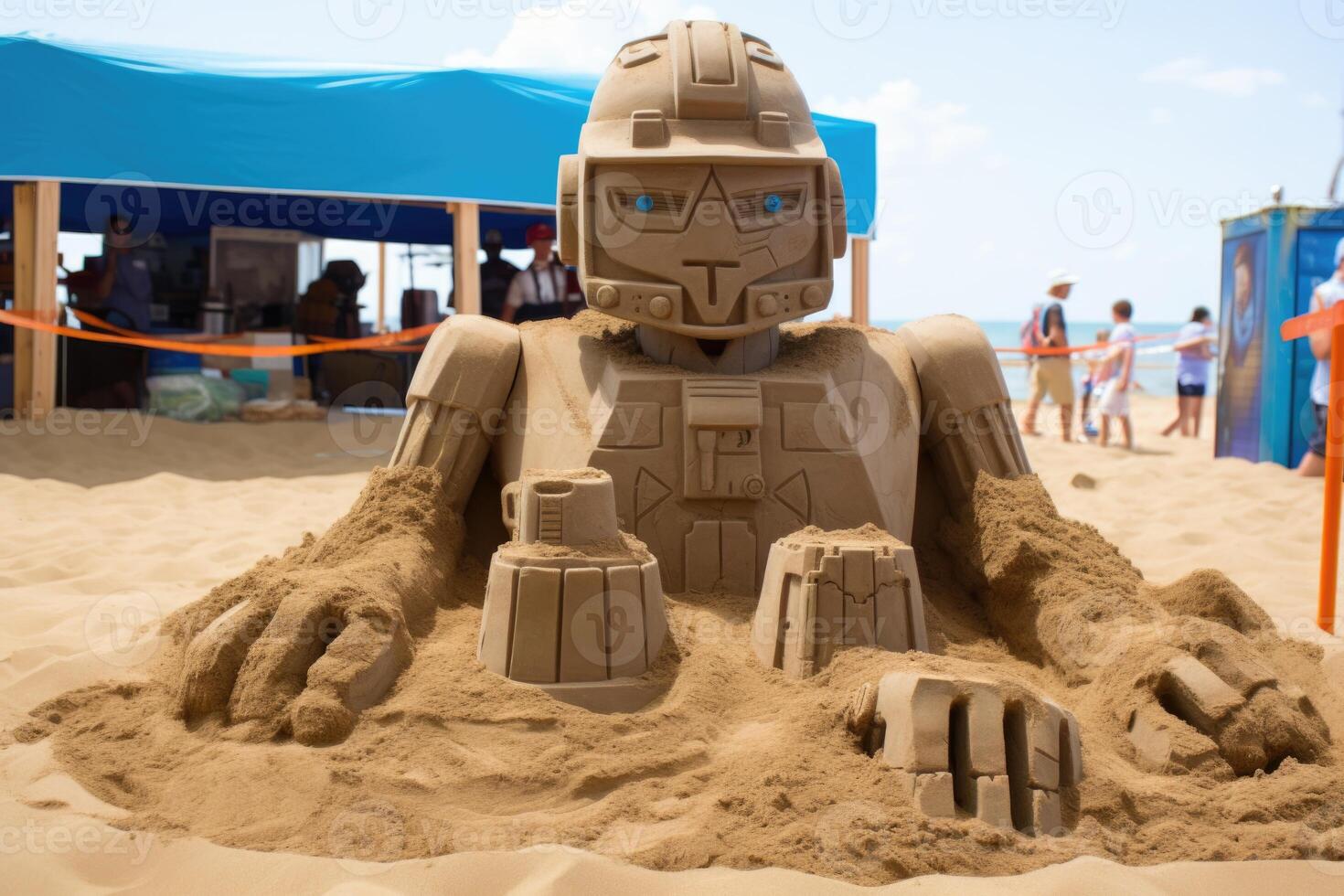 ai genererad en robot sand skulptur på de strand. konst festival foto