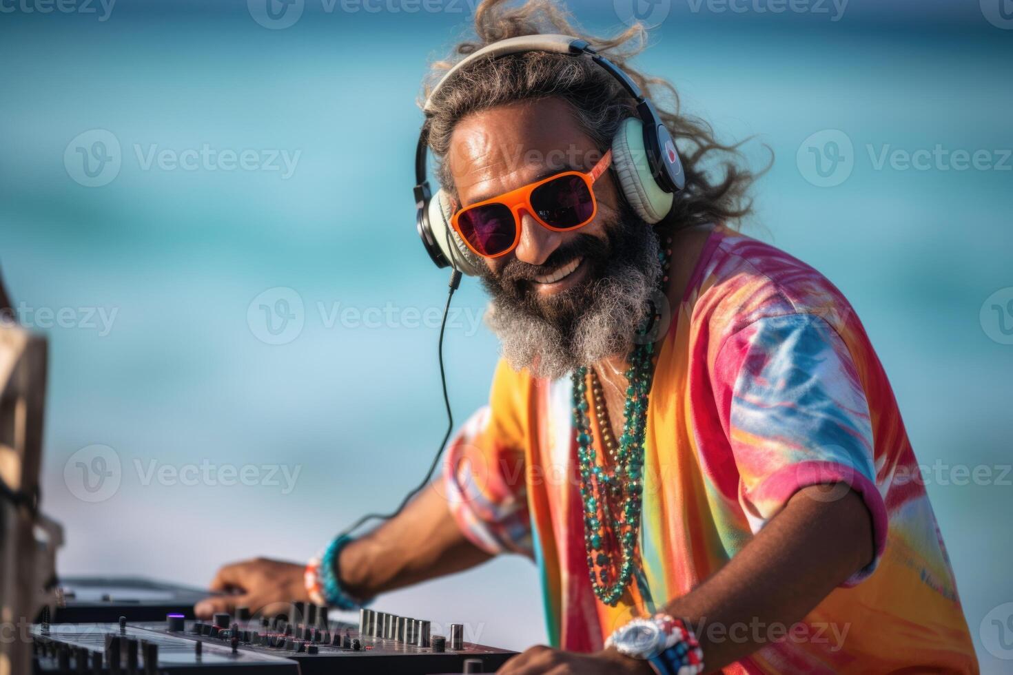 ai genererad en glad dj med glasögon är spelar på en strand fest. utomhus- konsert foto