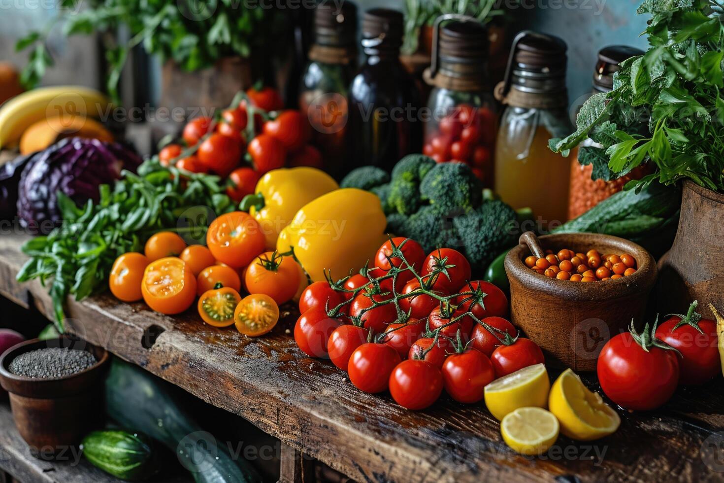 ai genererad grönsaker och frukt är lagd ut i en tallrik på de kök tabell. de begrepp av friska äter foto