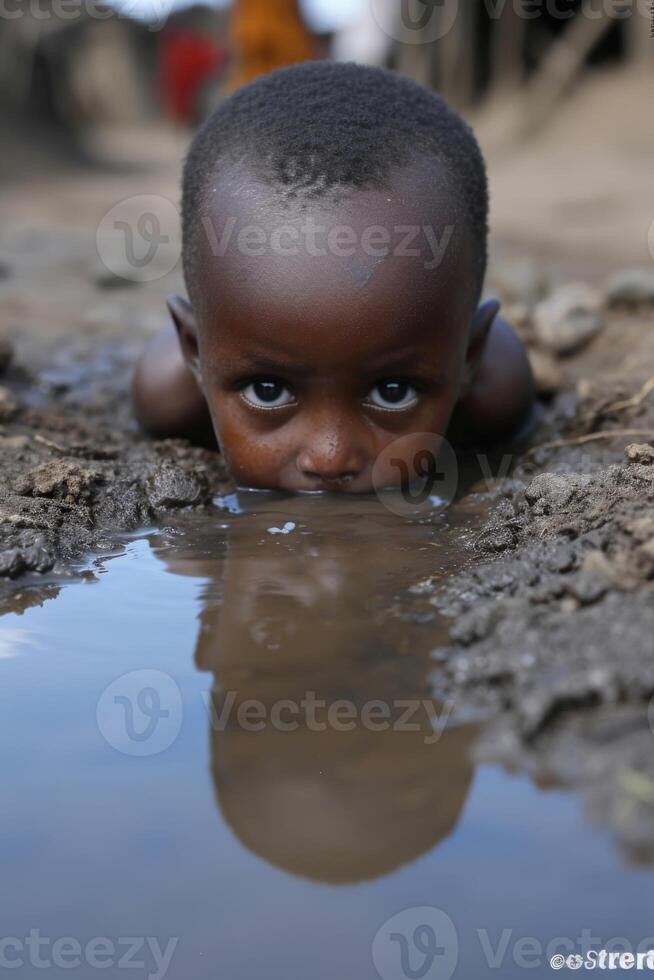 ai genererad en symbol av de brist av vatten i de värld. ett afrikansk pojke, nära en pöl. afrika foto