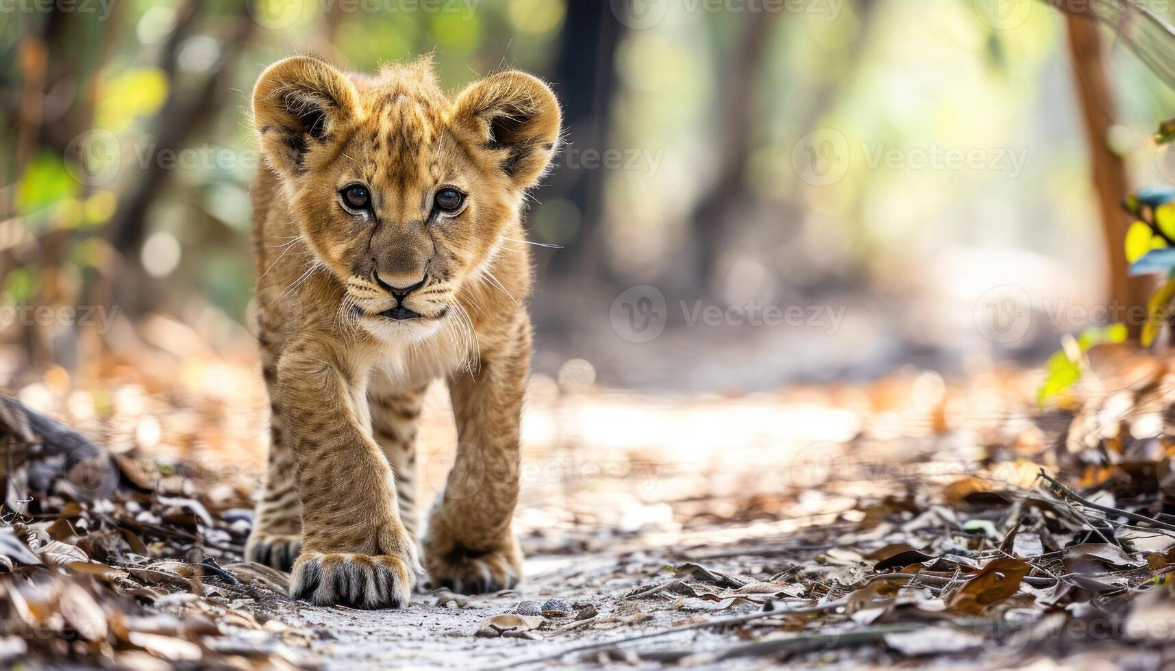 ai genererad söt bebis lejon självsäkert promenader genom de frodig skog, bebis djur bild foto