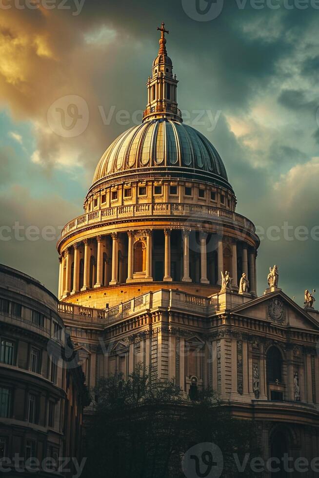 ai genererad de katedral är upplyst förbi solljus, arkitektonisk detaljer. stor ikoniska kupol den där är synonym med de strukturera ai genererad foto