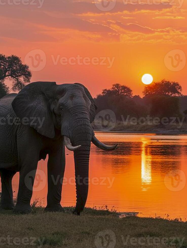 ai genererad elefant stående förbi en vatten kropp på solnedgång ai genererad foto
