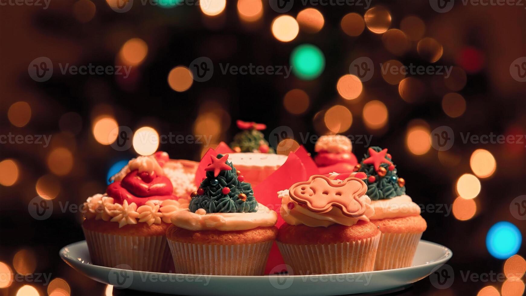 jul träd formad muffins och småkakor på trä- tabell. foto