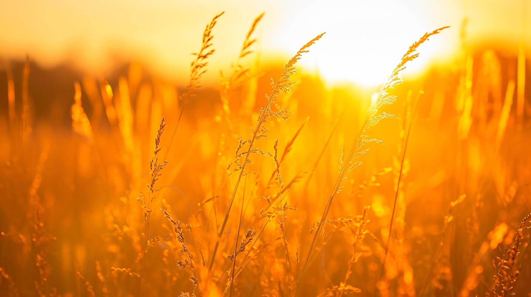 ai genererad Foto av lång vild gräs, badade i de gyllene nyans av de miljö Sol. de gräs är detaljerad och visas mjuk, svängande försiktigt, skapande lugna och fredlig atmosfär ai genererad