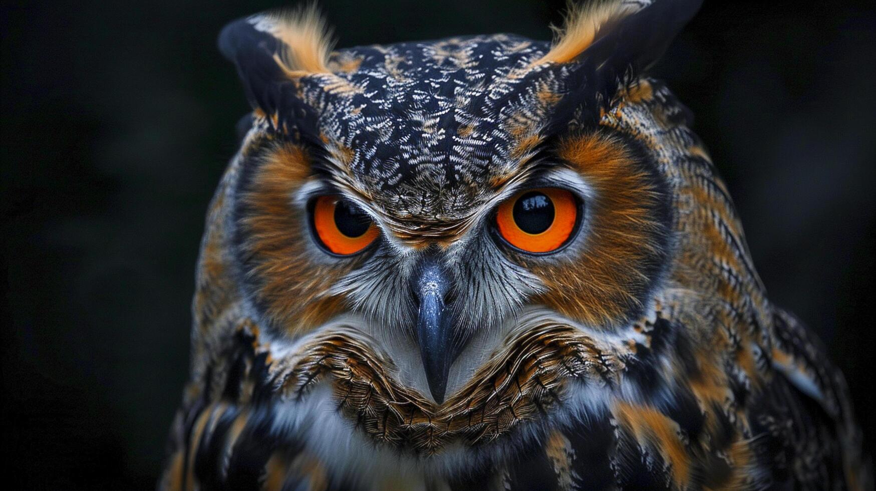 ai genererad närbild bild av ett Uggla med intensiv, orange ögon och detaljerad fjädrar ai genererad foto