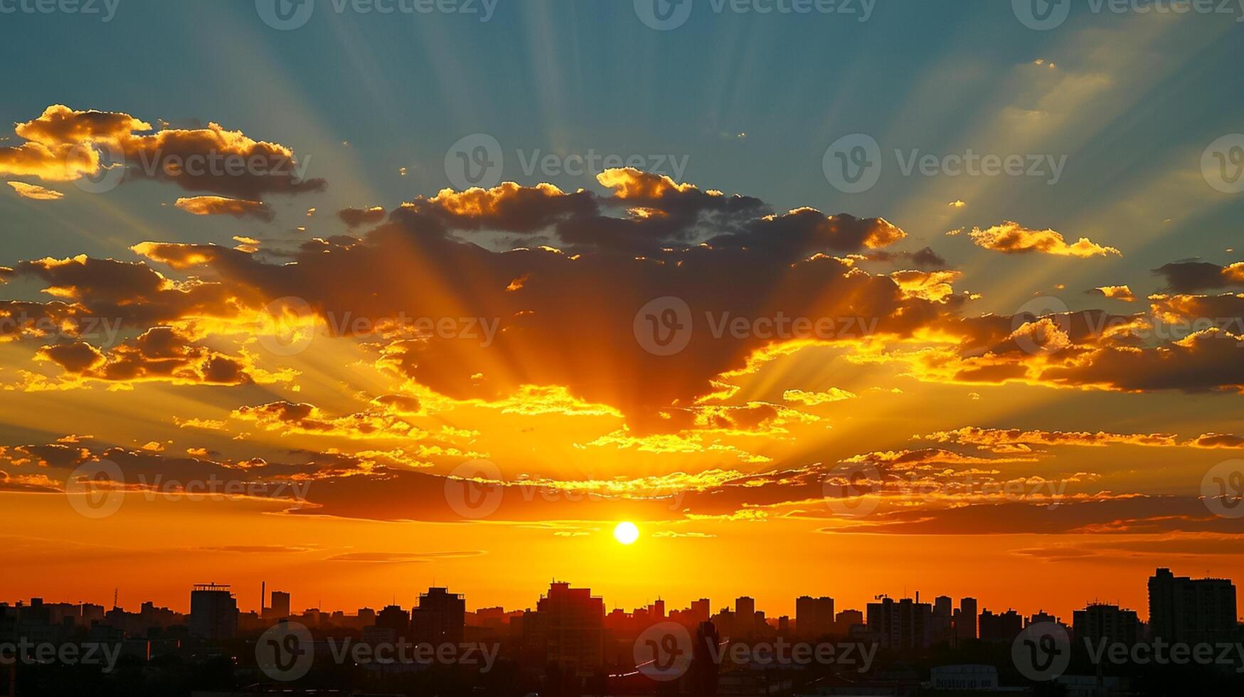 ai genererad fantastisk Foto av solnedgång över stad horisont. de Sol är delvis dolt förbi moln, gjutning ett array av gyllene strålar tvärs över de himmel ai genererad