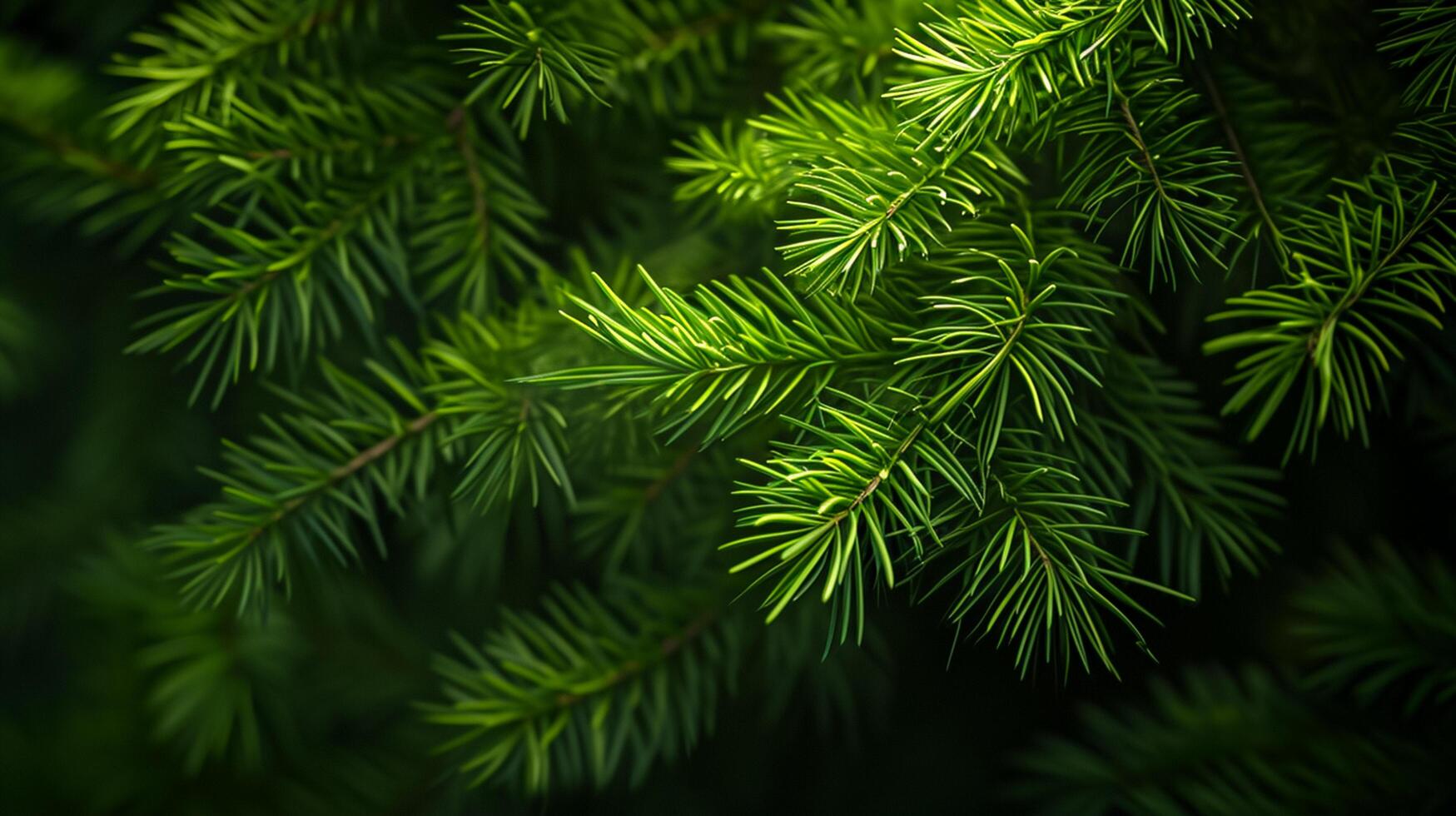 ai genererad Foto av ljus grön tall nålar uppsättning mot mörk, skuggig bakgrund. ai genererad