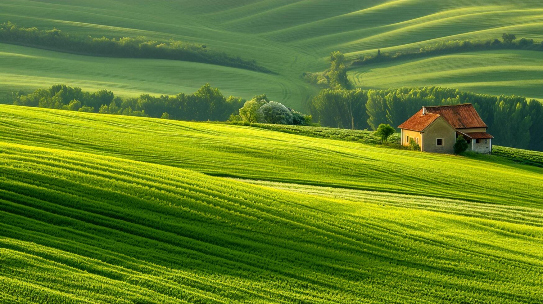 ai genererad hus de landsbygden, skilje de frodig grön fält, lång exponering fotografi ai genererad foto