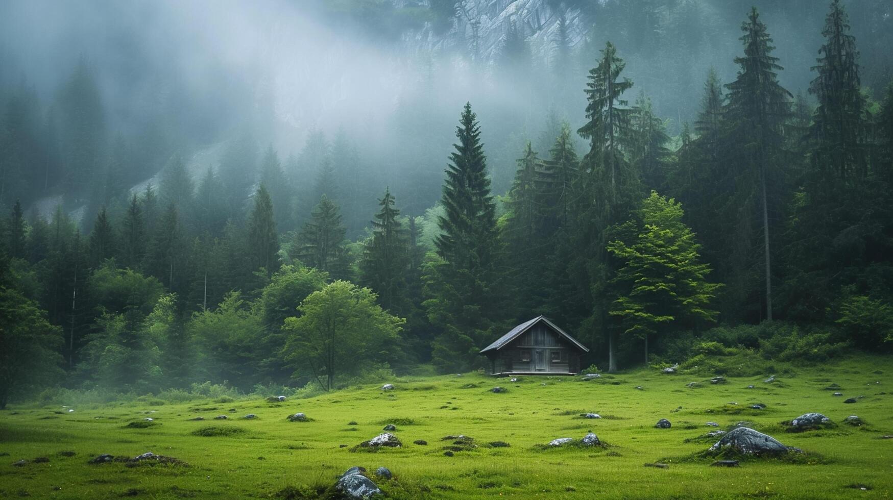 ai genererad lugn skog med enslig stuga i de mitten av grön fält omgiven förbi lång, tät träd. de atmosfär är dimmig, ger de scen mystisk och lugn atmosfär ai genererad foto