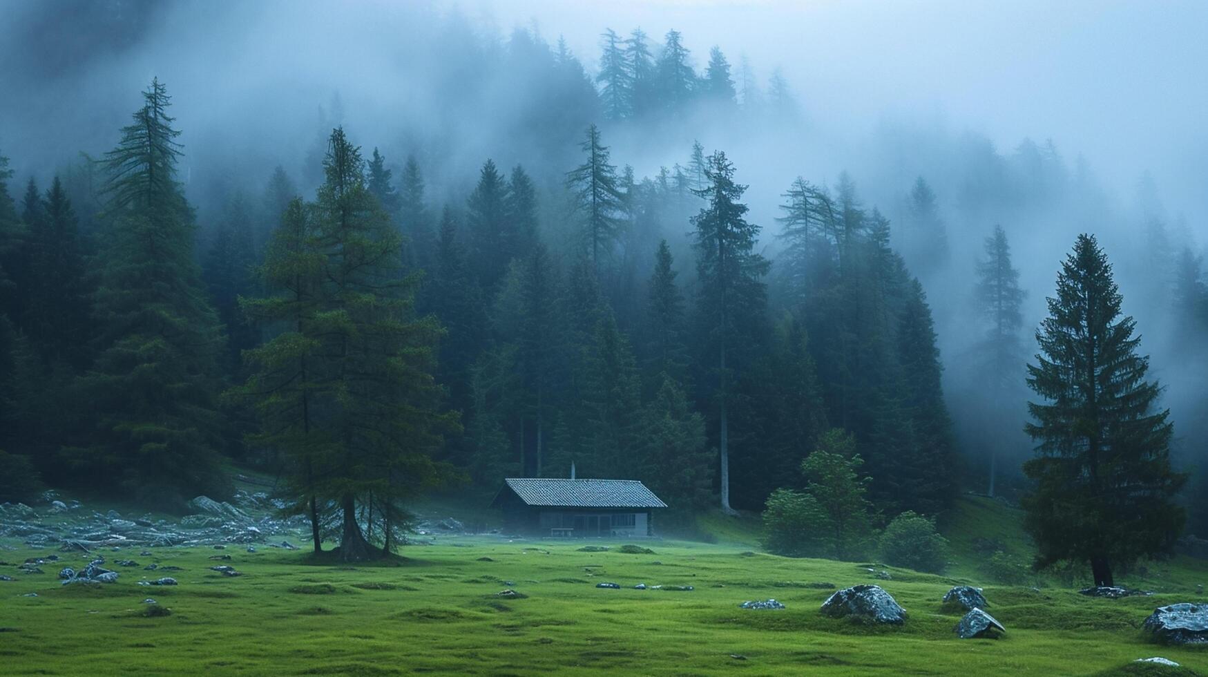 ai genererad lugn skog med enslig stuga i de mitten av grön fält omgiven förbi lång, tät träd. de atmosfär är dimmig, ger de scen mystisk och lugn atmosfär ai genererad foto