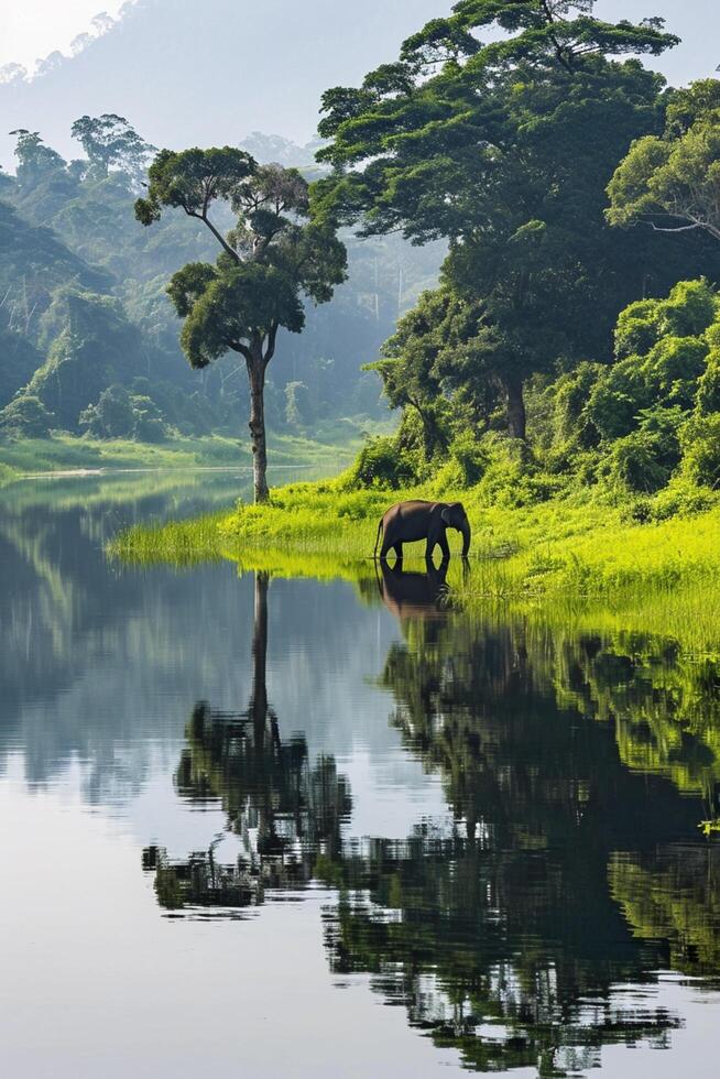 ai genererad lugn scen i natur var två elefanter är sett nära de vatten kant. ai genererad foto