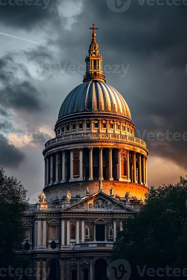 ai genererad de katedral är upplyst förbi solljus, arkitektonisk detaljer. stor ikoniska kupol den där är synonym med de strukturera ai genererad foto