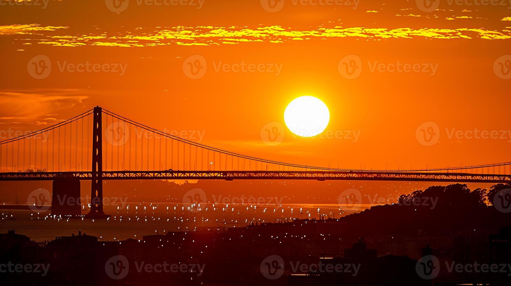 ai genererad fantastisk Foto av solnedgång med ett orange och gul lutning himmel. de Sol är framträdande synlig, miljö Bakom de silhuett av suspension bro. stadsbild silhuett ai genererad