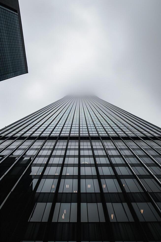 ai genererad bild visar lång skyskrapa nå in i ett mulen himmel. de byggnad är konstruerad med reflekterande glas paneler den där spegel de omgivande byggnader och himmel ai genererad foto