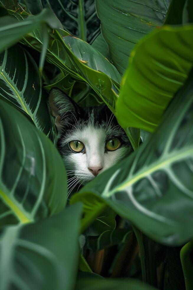 ai genererad katt peering genom stor, vibrerande mörk grön löv. ai genererad foto