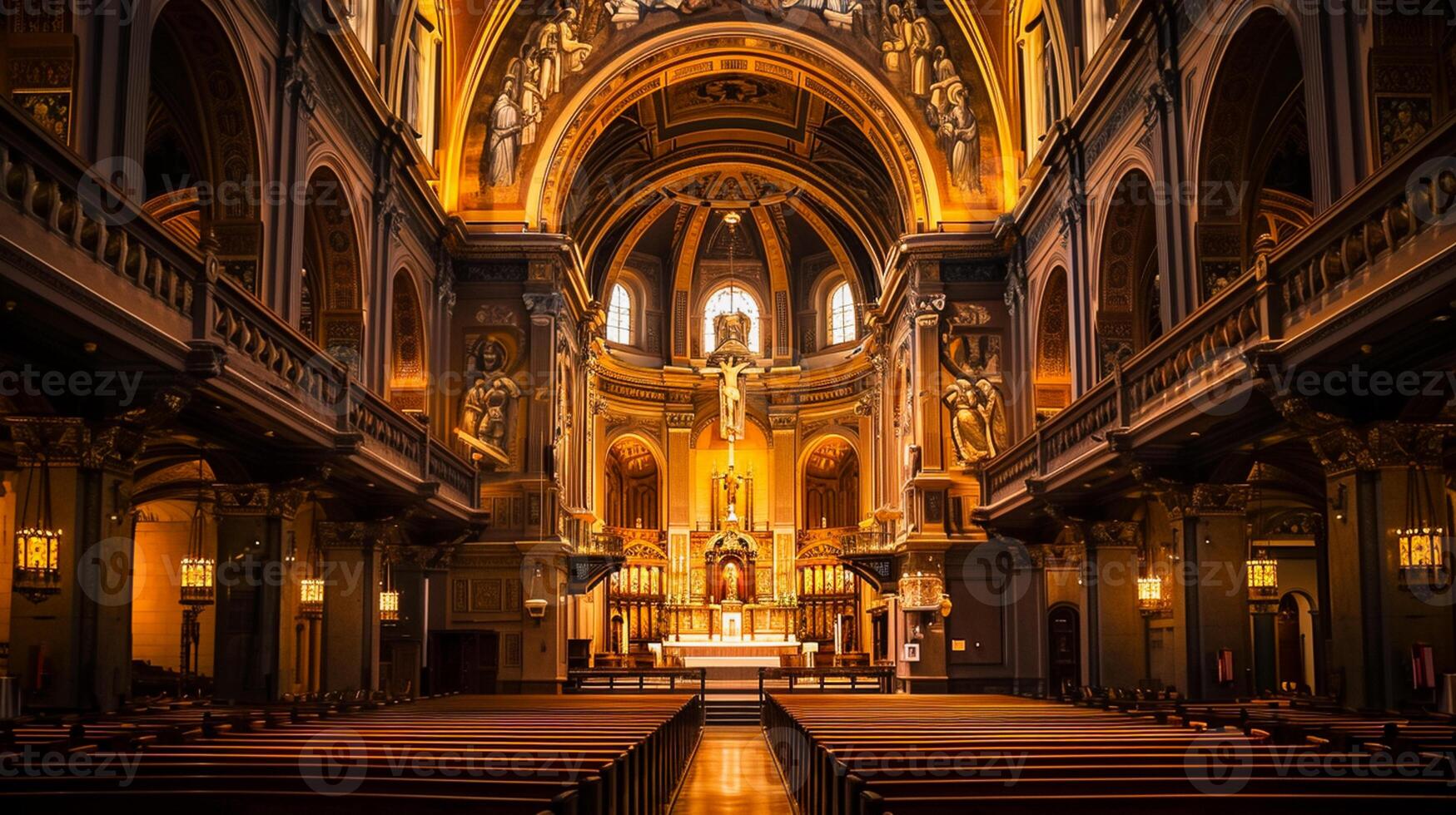 ai genererad Foto av de interiör av stor kyrka med invecklad arkitektonisk detaljer. trä bänkar är Justerat i rader ledande upp till de altare ai genererad