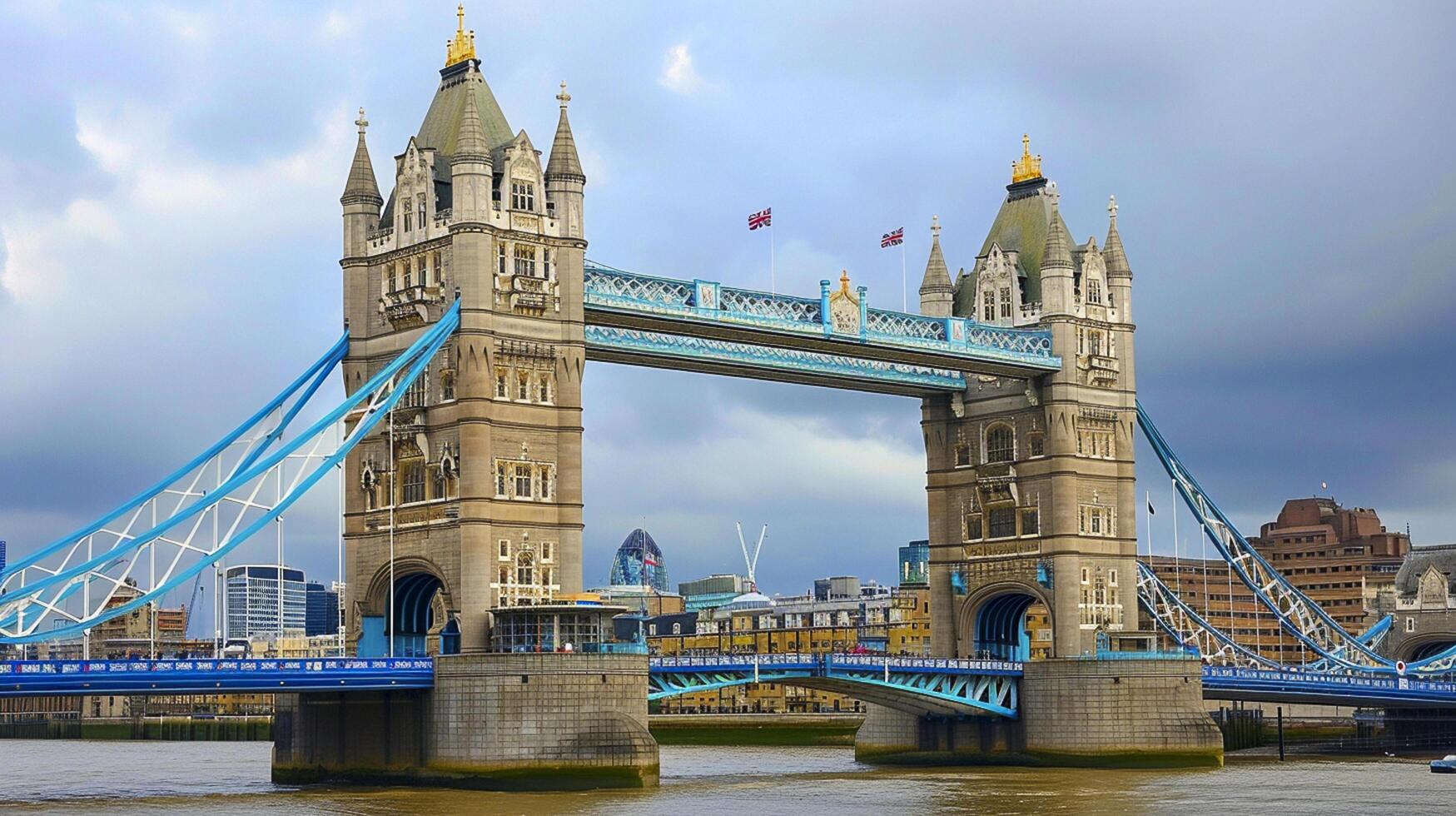 ai genererad ikoniska torn bro i london, England under ett mulen himmel ai genererad foto