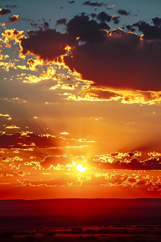 ai genererad fantastisk Foto av solnedgång över stad horisont. de Sol är delvis dolt förbi moln, gjutning ett array av gyllene strålar tvärs över de himmel ai genererad