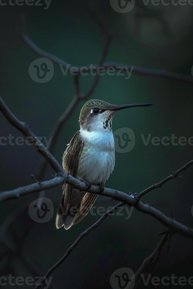 ai genererad kolibri uppflugen på en gren, upplyst förbi en mjuk blå ljus i de mitt ibland av mörker ai genererad foto