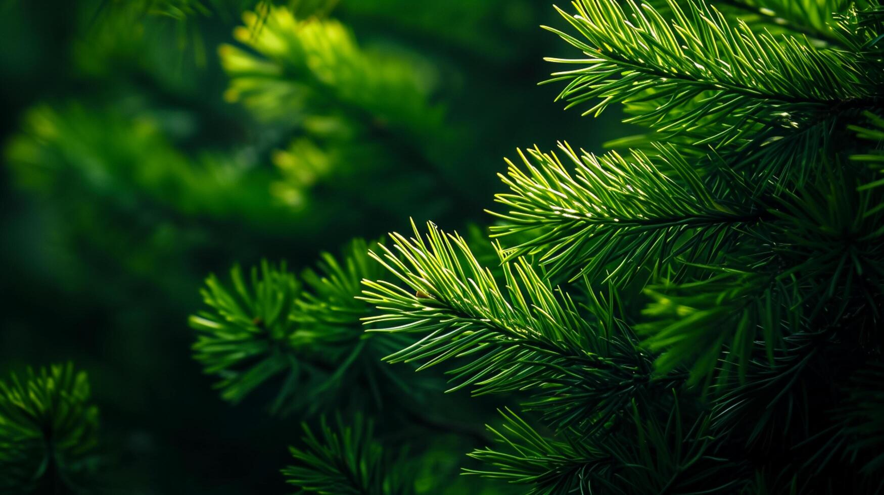 ai genererad Foto av ljus grön tall nålar uppsättning mot mörk, skuggig bakgrund. ai genererad