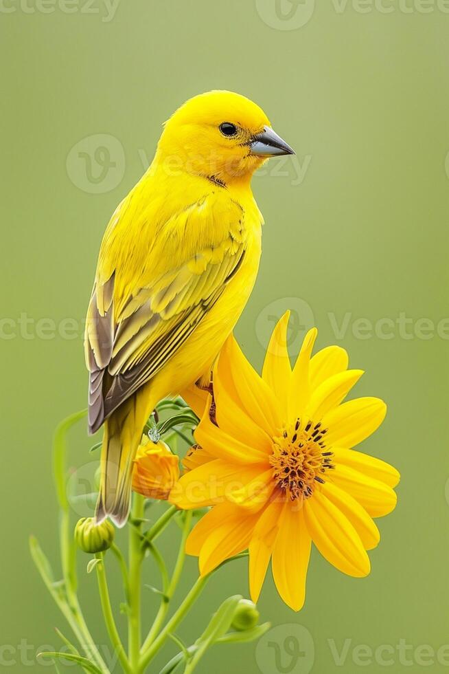 ai genererad vibrerande gul fågel uppflugen på en blomning gul blomma mot en mjuk grön bakgrund ai genererad foto