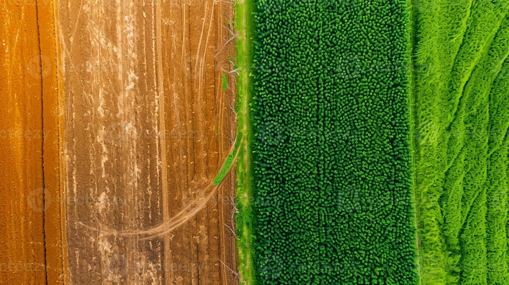 ai genererad Foto av två intilliggande jordbruks fält, frodig och grön ai genererad