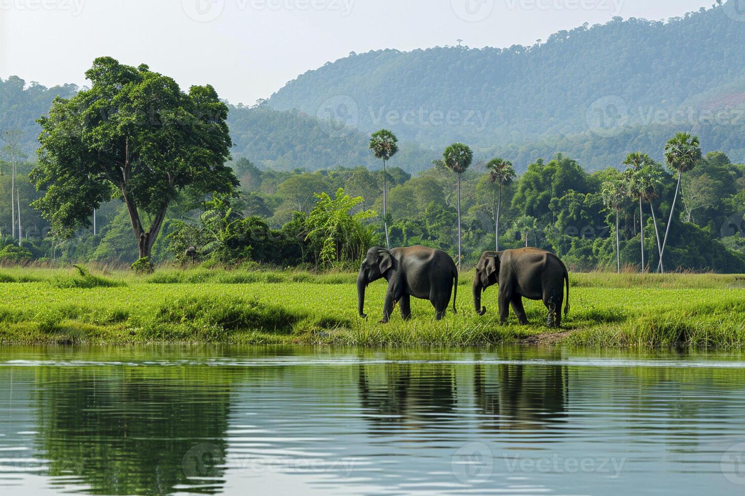 ai genererad lugn scen i natur var två elefanter är sett nära de vatten kant. ai genererad foto