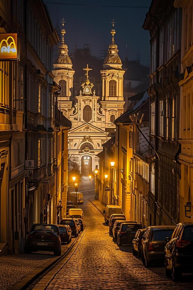 ai genererad bild av vackert upplyst barock stil kyrka, inbäddat mellan klassisk arkitektonisk byggnader på kullersten gata på natt ai genererad foto