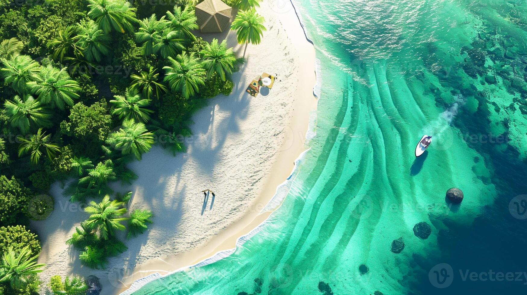 ai genererad Foto av en tropisk landskap med handflatan träd och blå hav, vit sandstrand, grön handflatan träd ai genererad