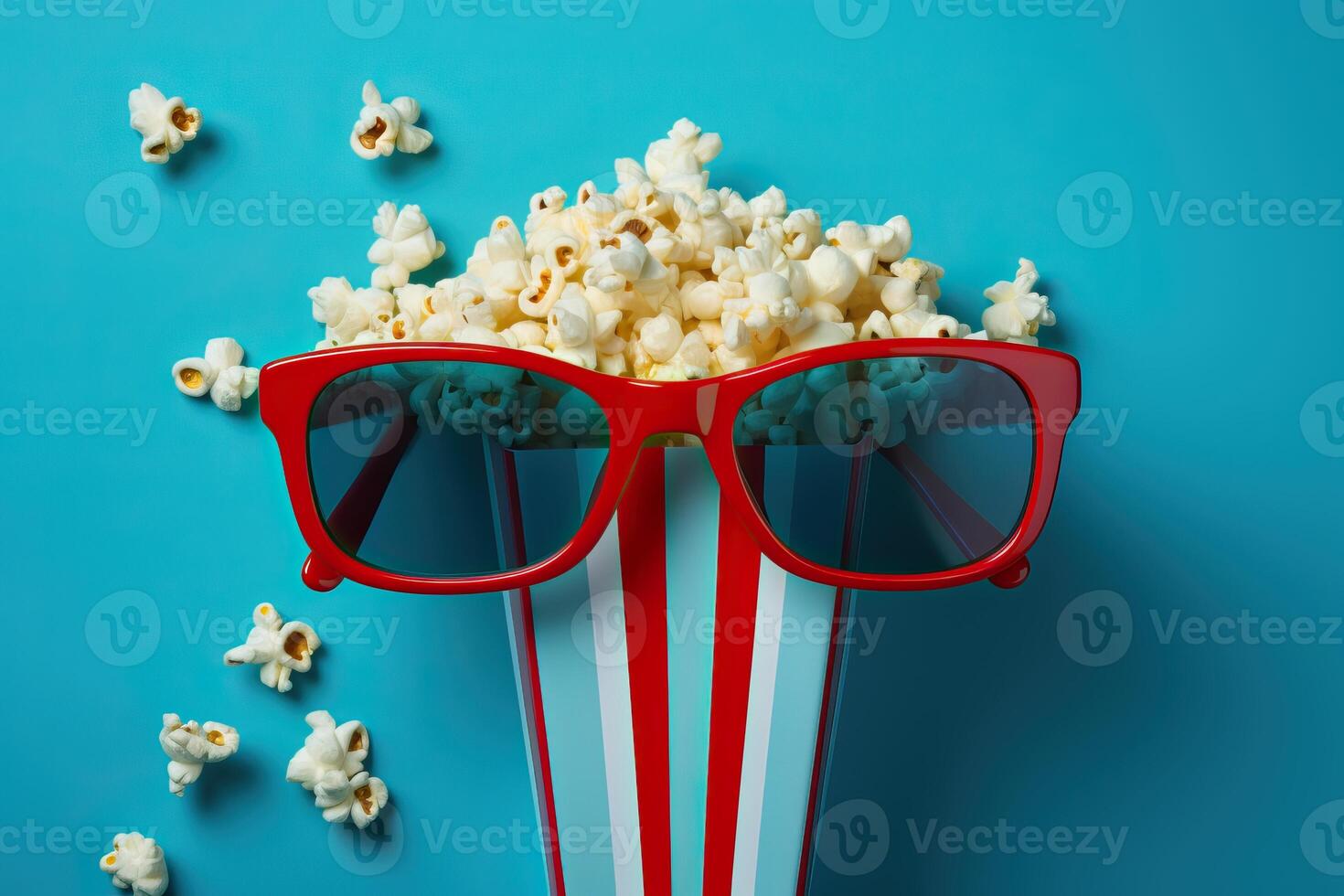 ai genererad spännande bio med 3d glasögon och popcorn. foto