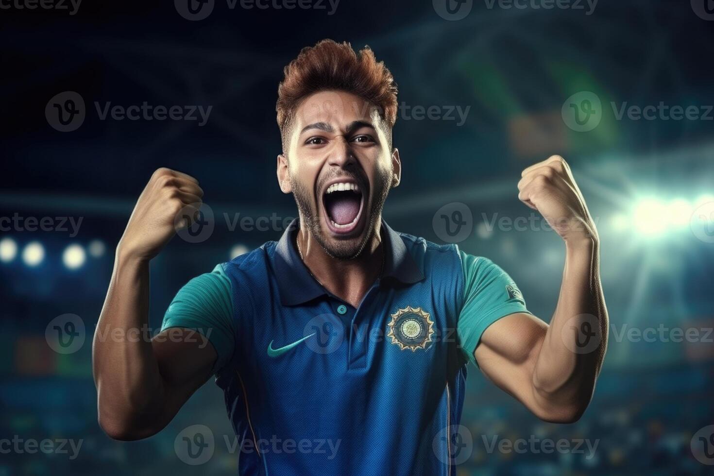 ai genererad emotionell ung man firar indisk cricket team seger på Hem. foto