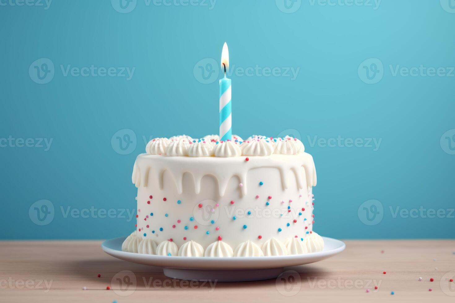 ai genererad färgrik stänk födelsedag kaka på blå bakgrund. foto