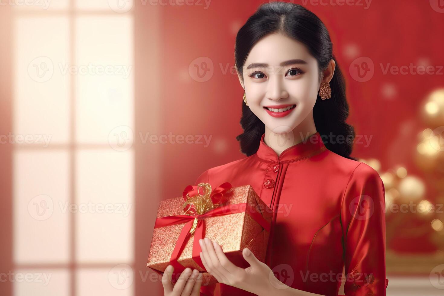 ai genererad asiatisk kvinna i röd kostym ger guld gåva på kinesisk ny år bakgrund foto