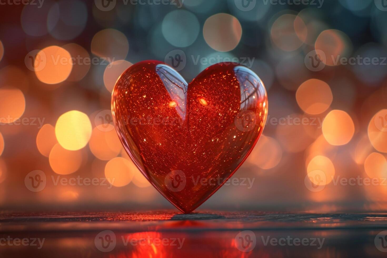 ai genererad hjärtans dag kort med röd hjärta på bokeh bakgrund foto
