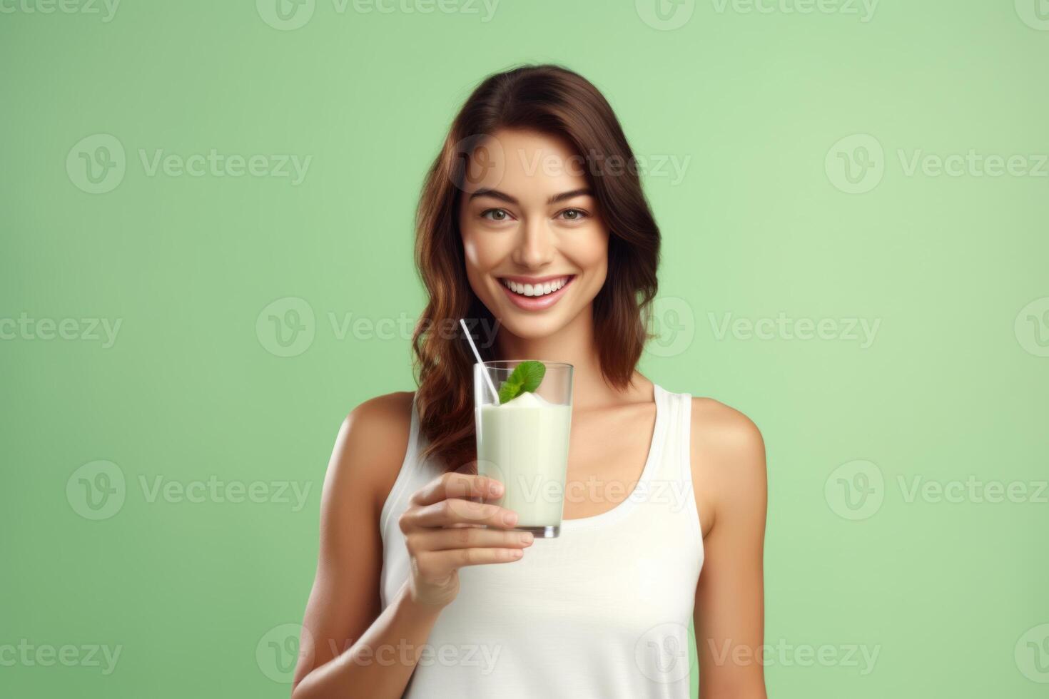 ai genererad leende kvinna främjar friska näring med mjölk foto