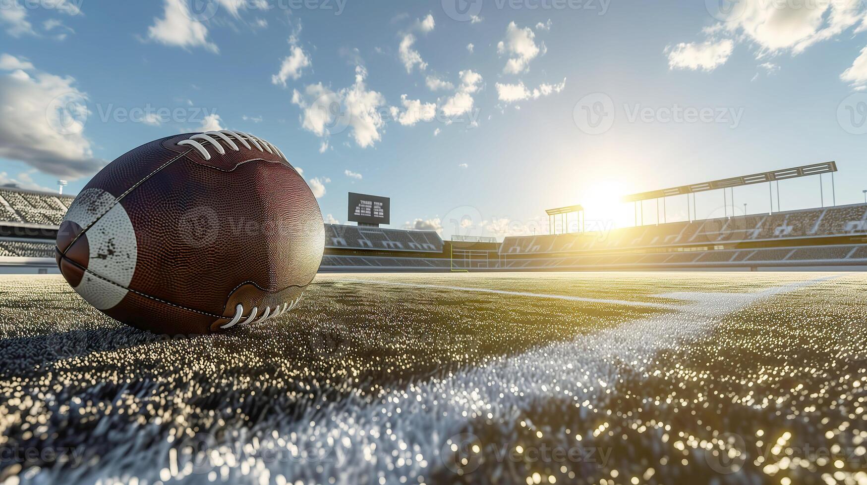 ai genererad bred vinkel se, amerikan fotboll stadion med boll på jord foto