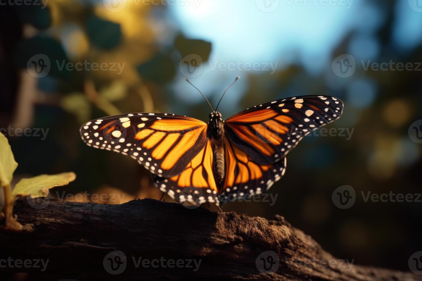 ai genererad orange monark fjäril vilar på pinne foto